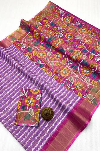 Lavender zigzag floral print linen cotton saree