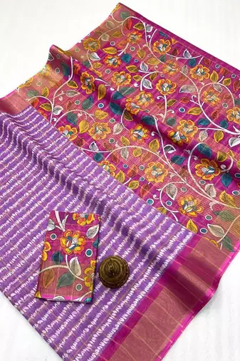 Lavender zigzag floral print linen cotton saree