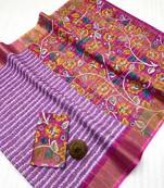 Lavender zigzag floral print linen cotton saree