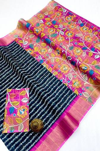 Navy blue zigzag floral print linen cotton saree