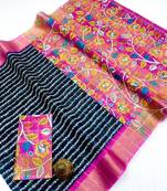 Navy blue zigzag floral print linen cotton saree