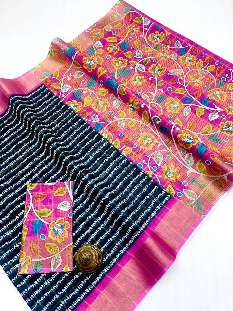 Navy blue zigzag floral print linen cotton saree