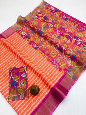 Orange zigzag floral print linen cotton saree 1