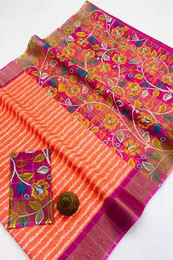 Orange zigzag floral print linen cotton saree