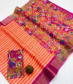 Orange zigzag floral print linen cotton saree