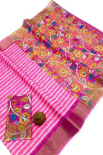 Pink zigzag floral print linen cotton saree