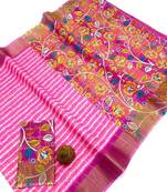 Pink zigzag floral print linen cotton saree
