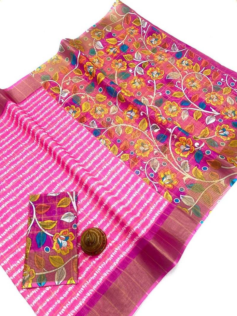 Pink zigzag floral print linen cotton saree