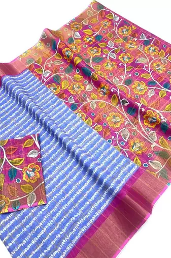 Sky blue linen cotton floral print saree with zigzag design