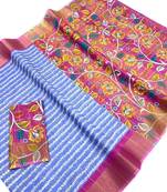 Sky blue linen cotton floral print saree with zigzag design