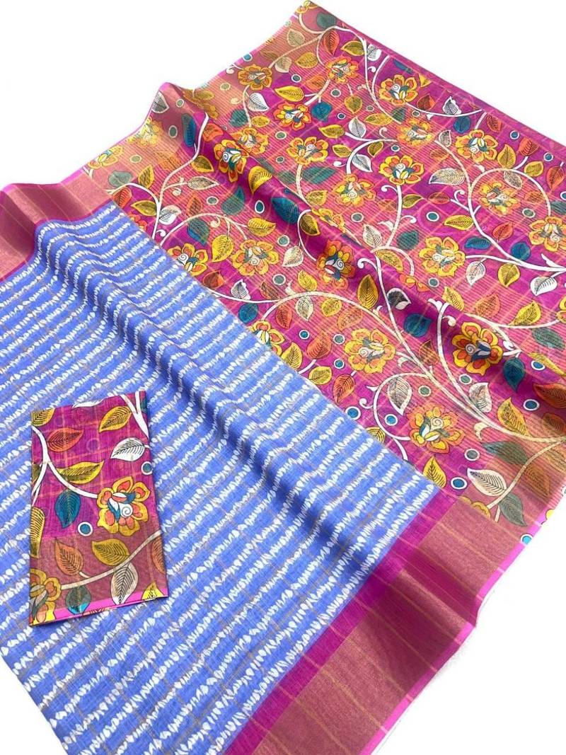 Sky blue linen cotton floral print saree with zigzag design