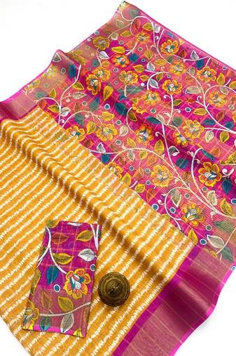 Yellow floral printed linen cotton saree with zigzag design