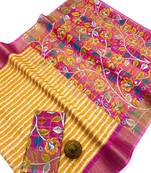 Yellow floral printed linen cotton saree with zigzag design