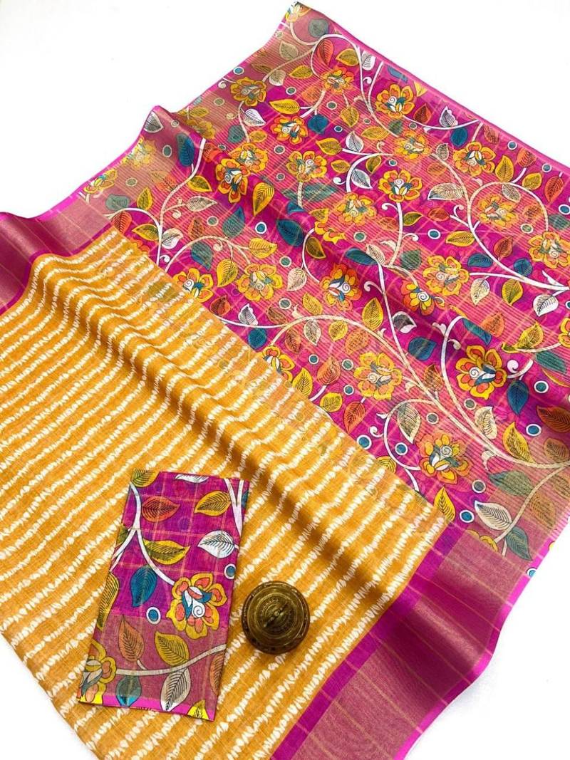 Yellow floral printed linen cotton saree with zigzag design