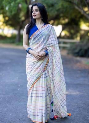 White checked linen cotton saree with blue blouse 1
