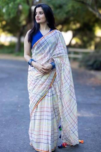 White checked linen cotton saree with blue blouse