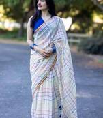 White checked linen cotton saree with blue blouse