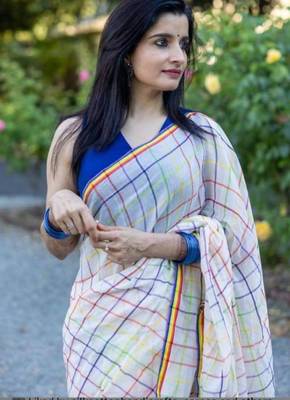 White checked linen cotton saree with blue blouse 2