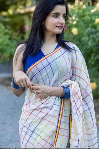 White checked linen cotton saree with blue blouse