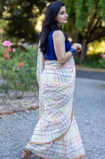 White checked linen cotton saree with blue blouse