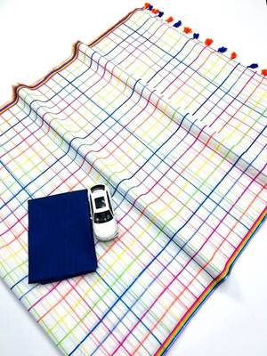 White checked linen cotton saree with blue blouse 4