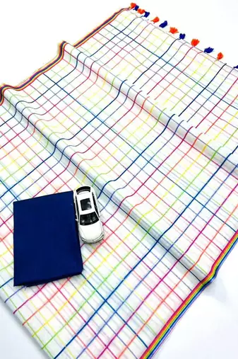 White checked linen cotton saree with blue blouse