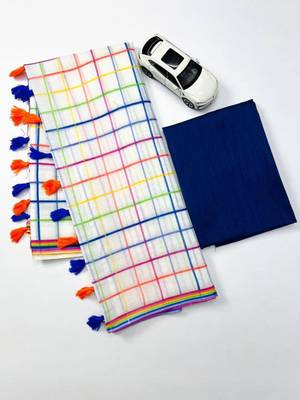 White checked linen cotton saree with blue blouse 5
