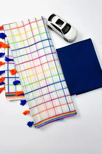 White checked linen cotton saree with blue blouse