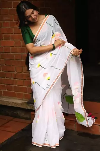 White floral linen cotton saree with green blouse