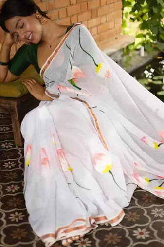 White floral linen cotton saree with green blouse