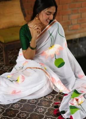 White floral linen cotton saree with green blouse 3