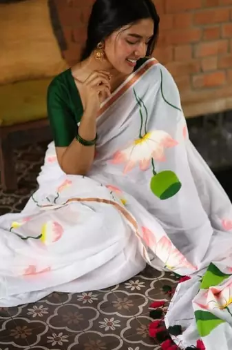 White floral linen cotton saree with green blouse
