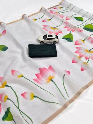 White floral linen cotton saree with green blouse 4