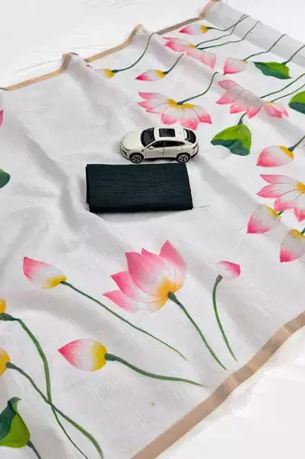 White floral linen cotton saree with green blouse