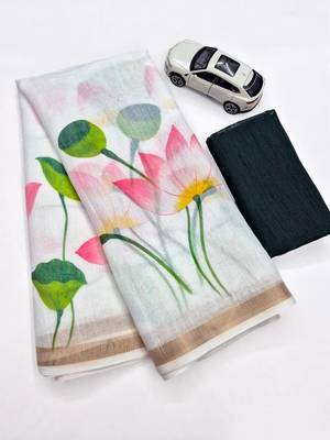 White floral linen cotton saree with green blouse 5