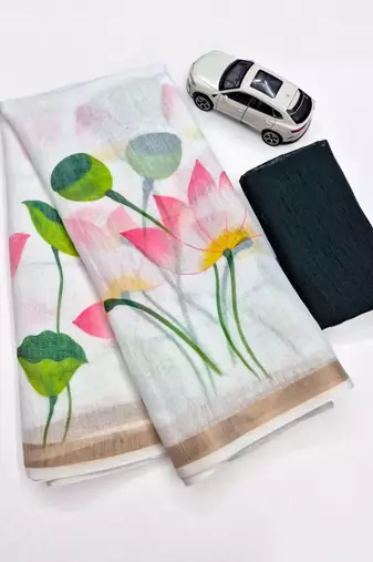 White floral linen cotton saree with green blouse