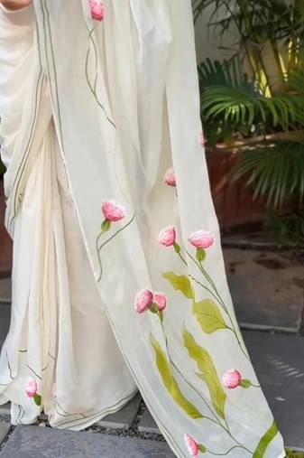 White linen cotton saree with pink floral print