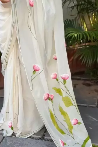 White linen cotton saree with pink floral print