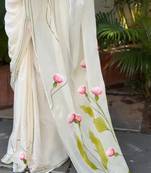 White linen cotton saree with pink floral print