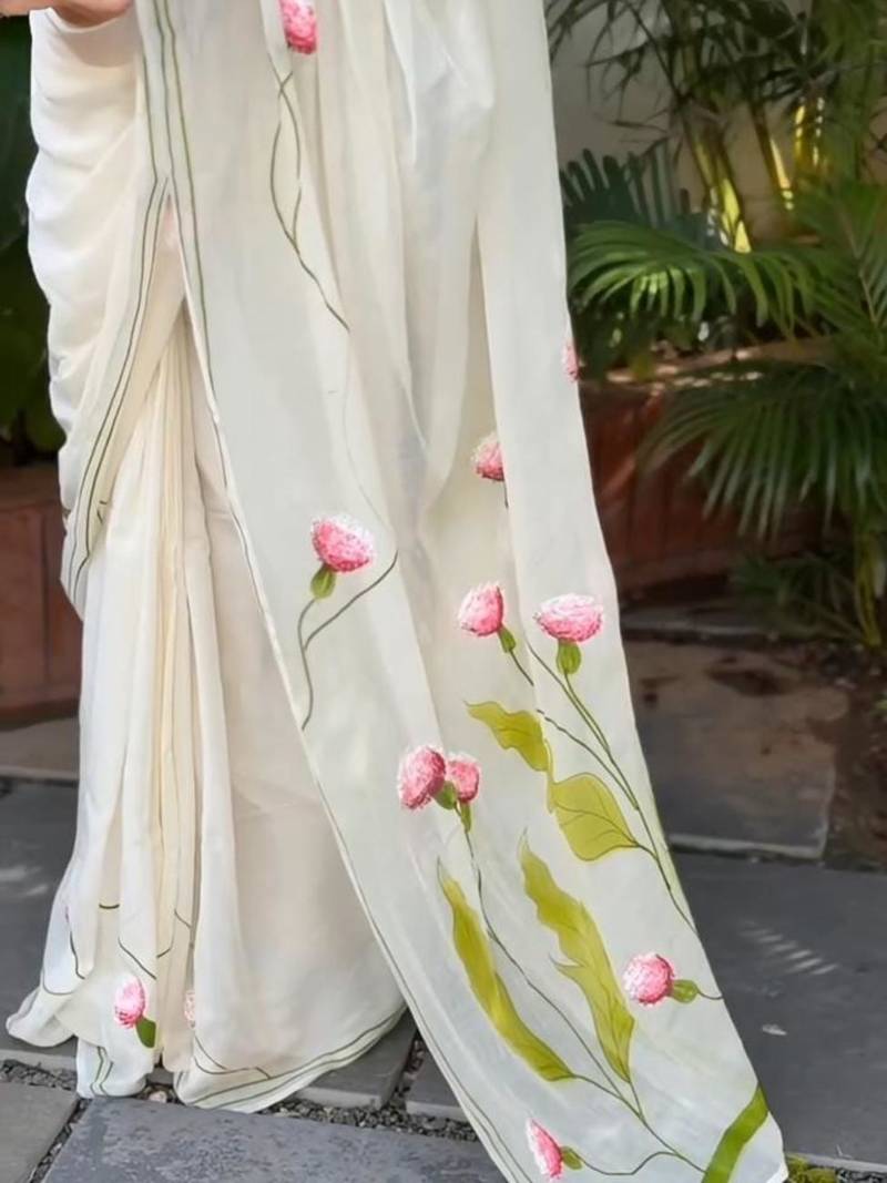 White linen cotton saree with pink floral print