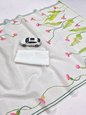 White linen cotton saree with pink floral print 2