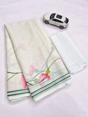 White linen cotton saree with pink floral print 3