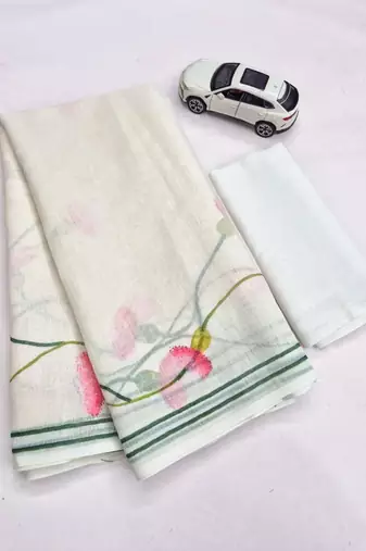 White linen cotton saree with pink floral print