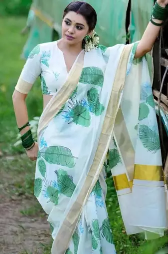 White green leaf print linen cotton saree