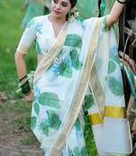 White green leaf print linen cotton saree