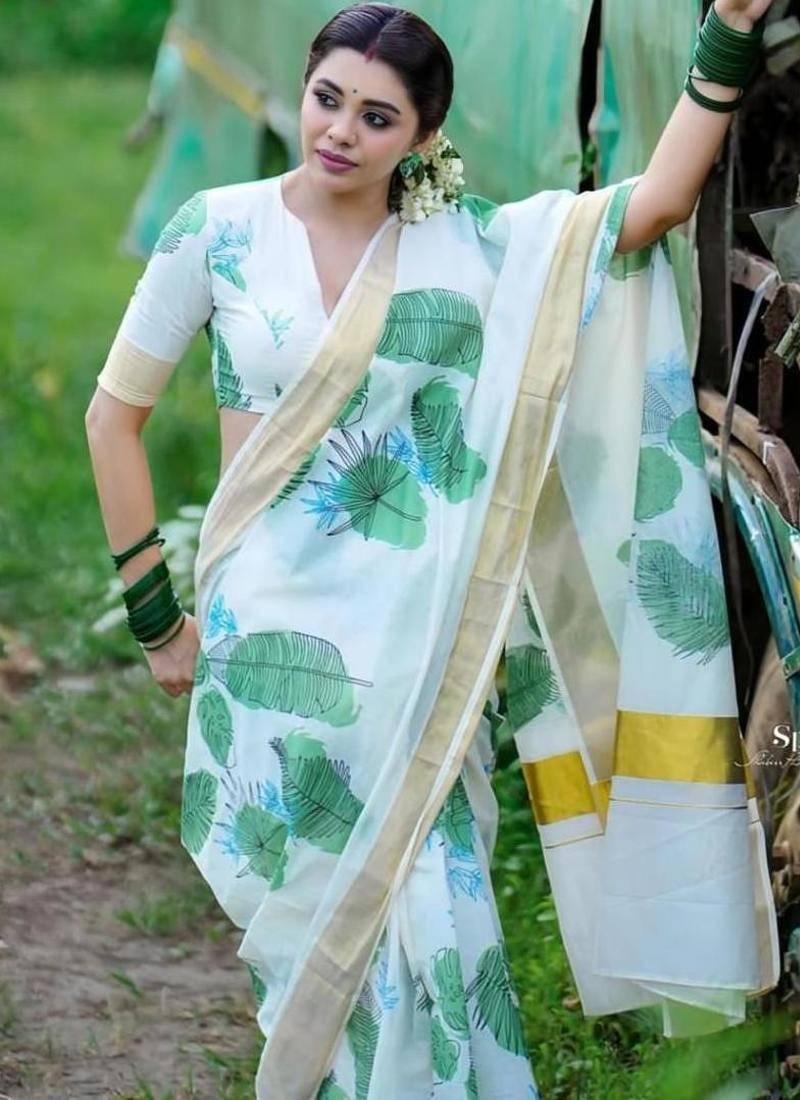 White green leaf print linen cotton saree
