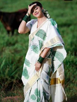 White green leaf print linen cotton saree 2