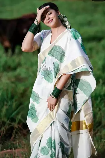 White green leaf print linen cotton saree