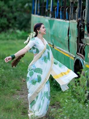 White green leaf print linen cotton saree 3