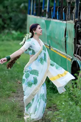 White green leaf print linen cotton saree
